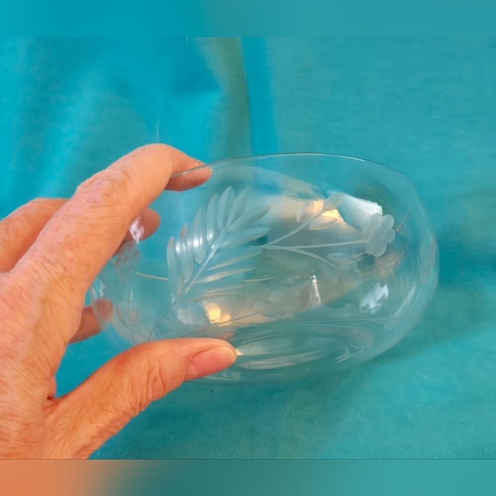 Vintage Crystal Bowl Etched Leaf Pattern Small Candy Dish Classic Collectible